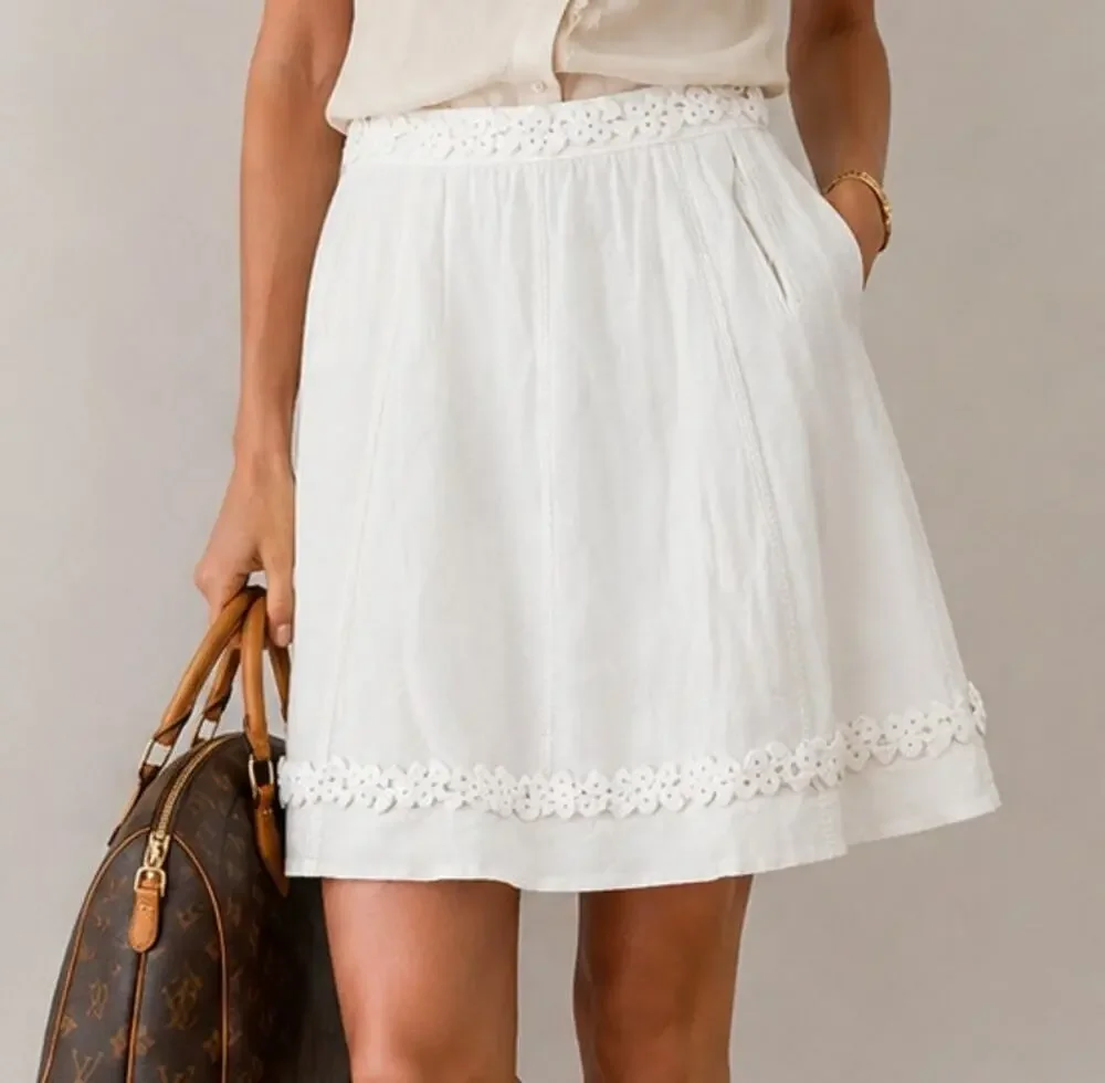 Louis Vuitton Paris White Cotton Embellished Skirt 36 France Silk Lined Rosettes